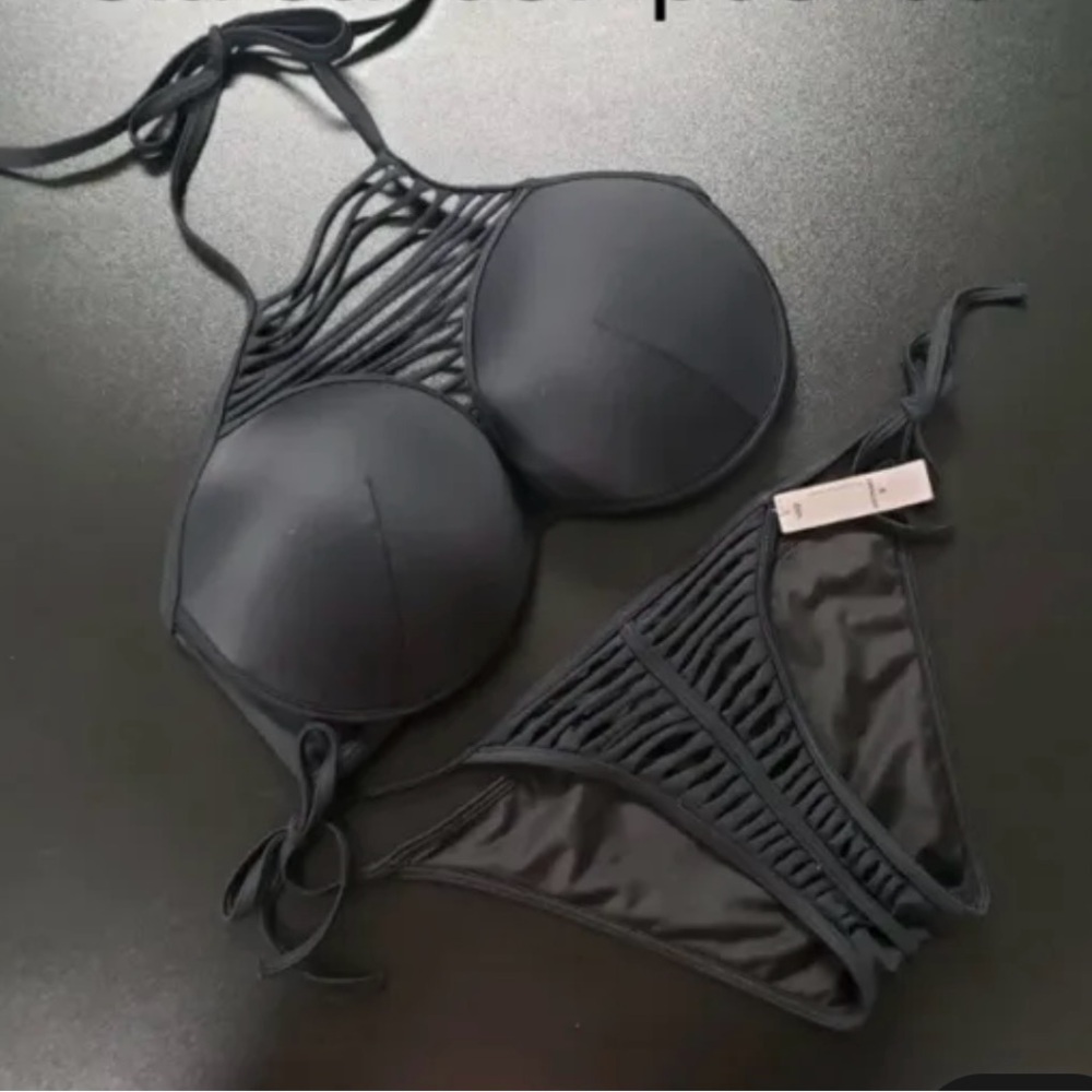 Victoria’s Secret Black Hottie Halter Strappy Swimsuit-34DD=36D/S-NEW